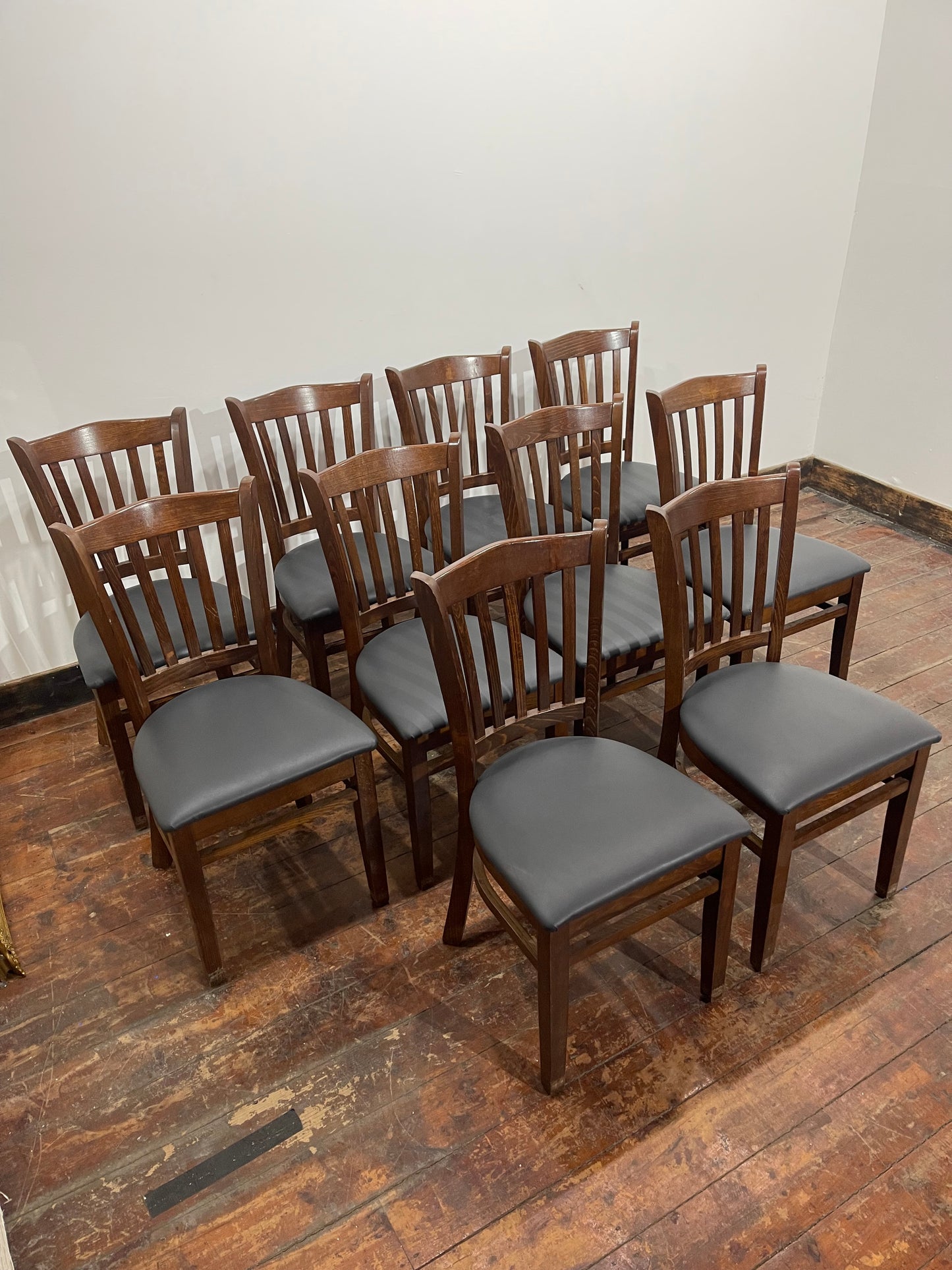Set of 10 Wooden Dining Chairs – Slatted Back – Upholstered Seats