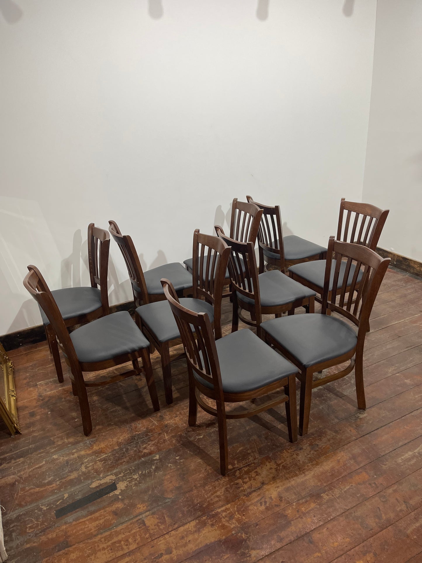 Set of 10 Wooden Dining Chairs – Slatted Back – Upholstered Seats