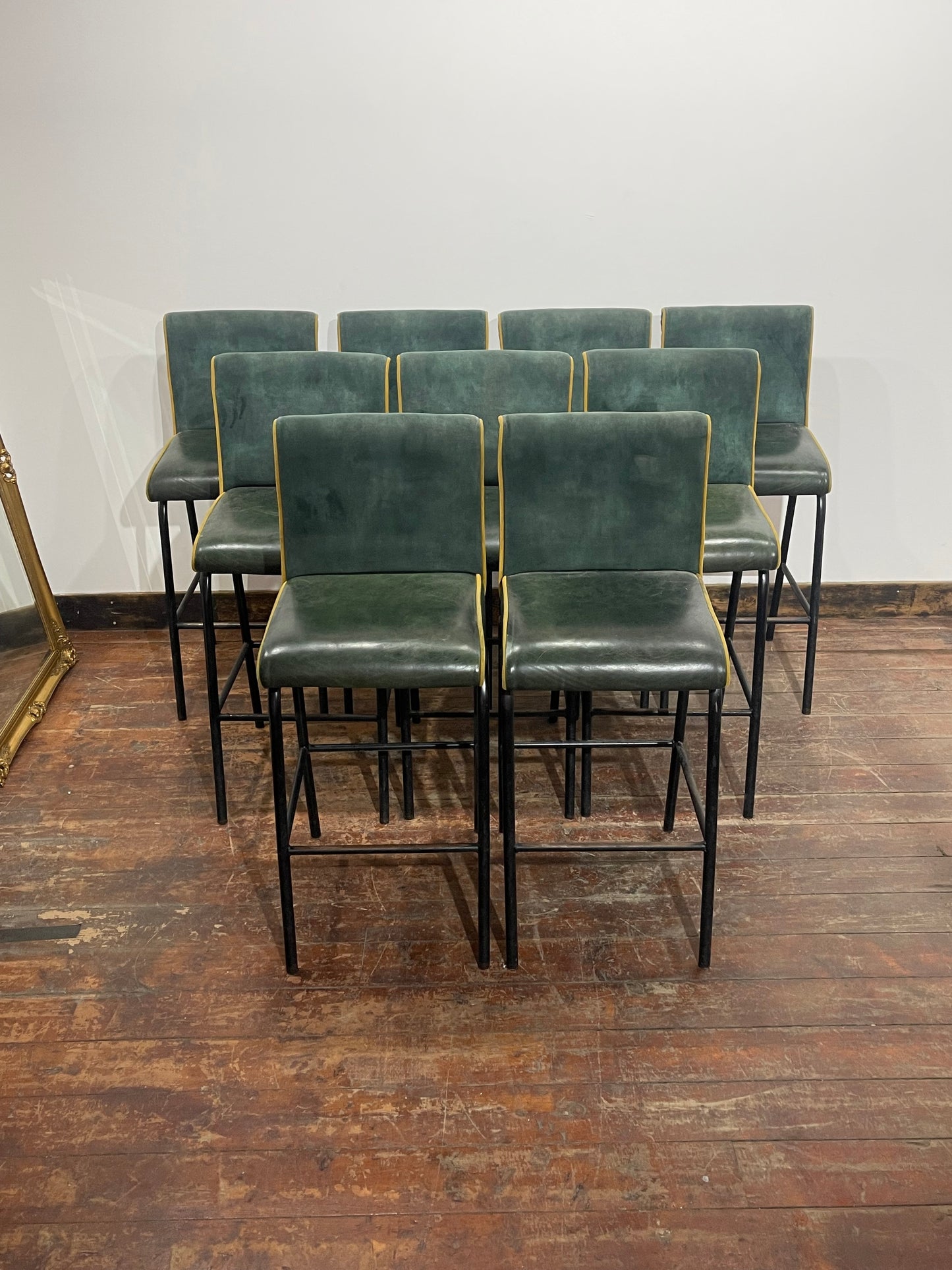 Set of 9 Green Bar Stools/Upholstered Seats/Black Metal Legs