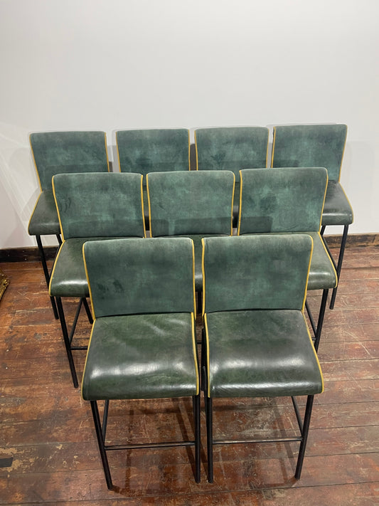 Set of 9 Green Bar Stools/Upholstered Seats/Black Metal Legs