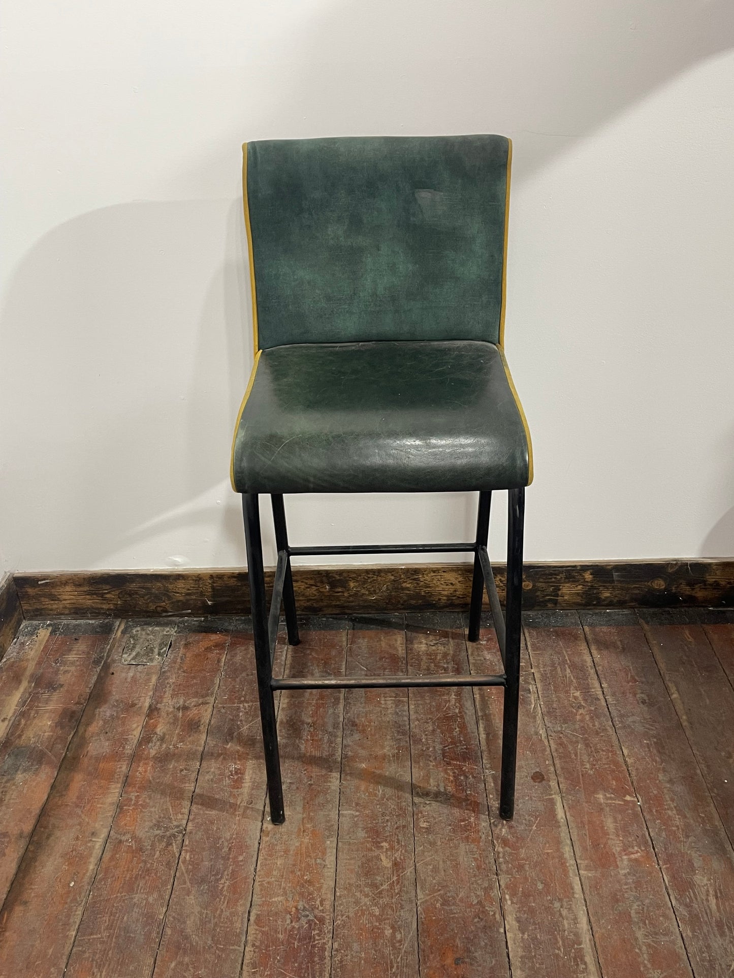 Set of 9 Green Bar Stools/Upholstered Seats/Black Metal Legs