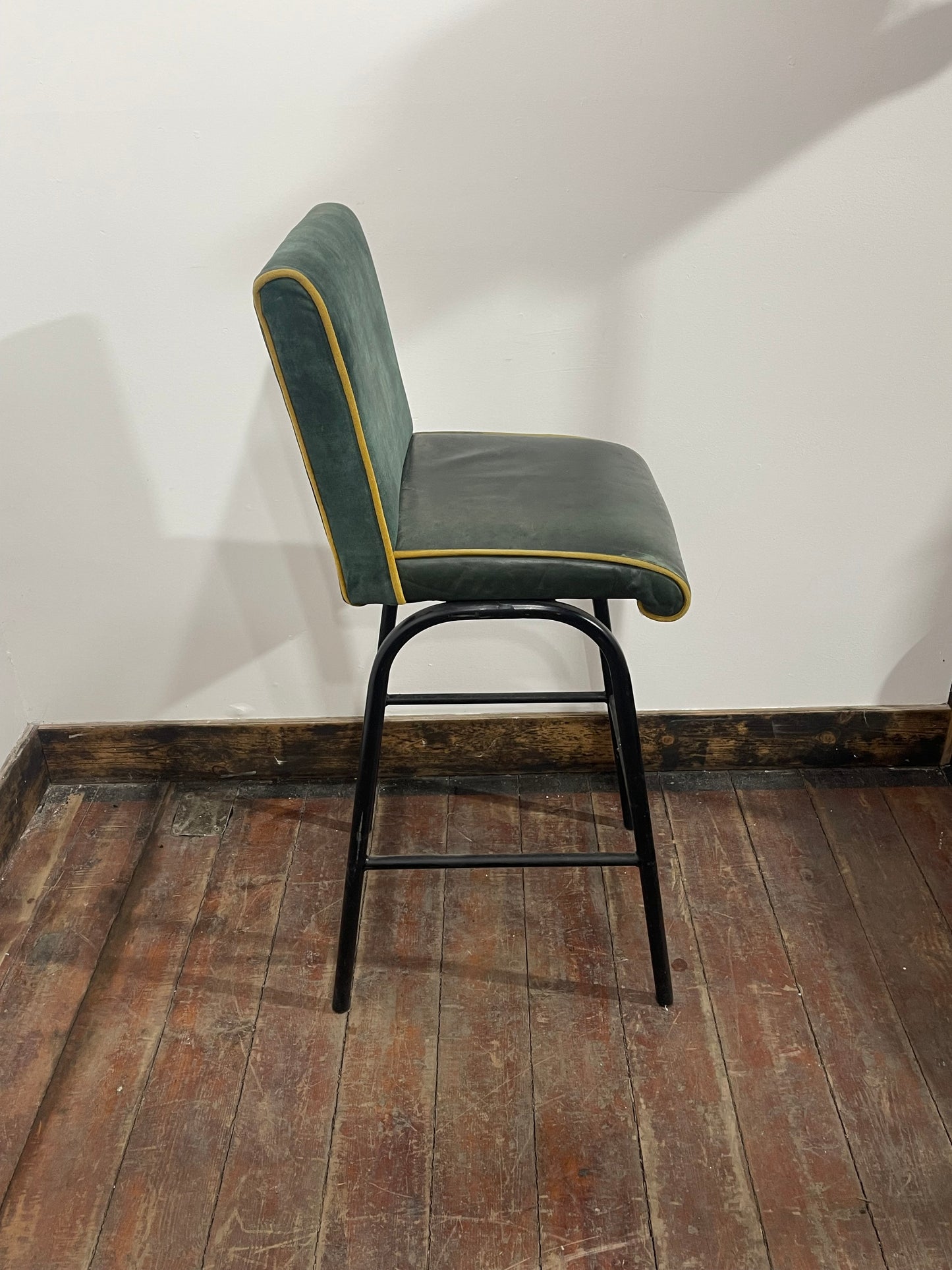Set of 9 Green Bar Stools/Upholstered Seats/Black Metal Legs