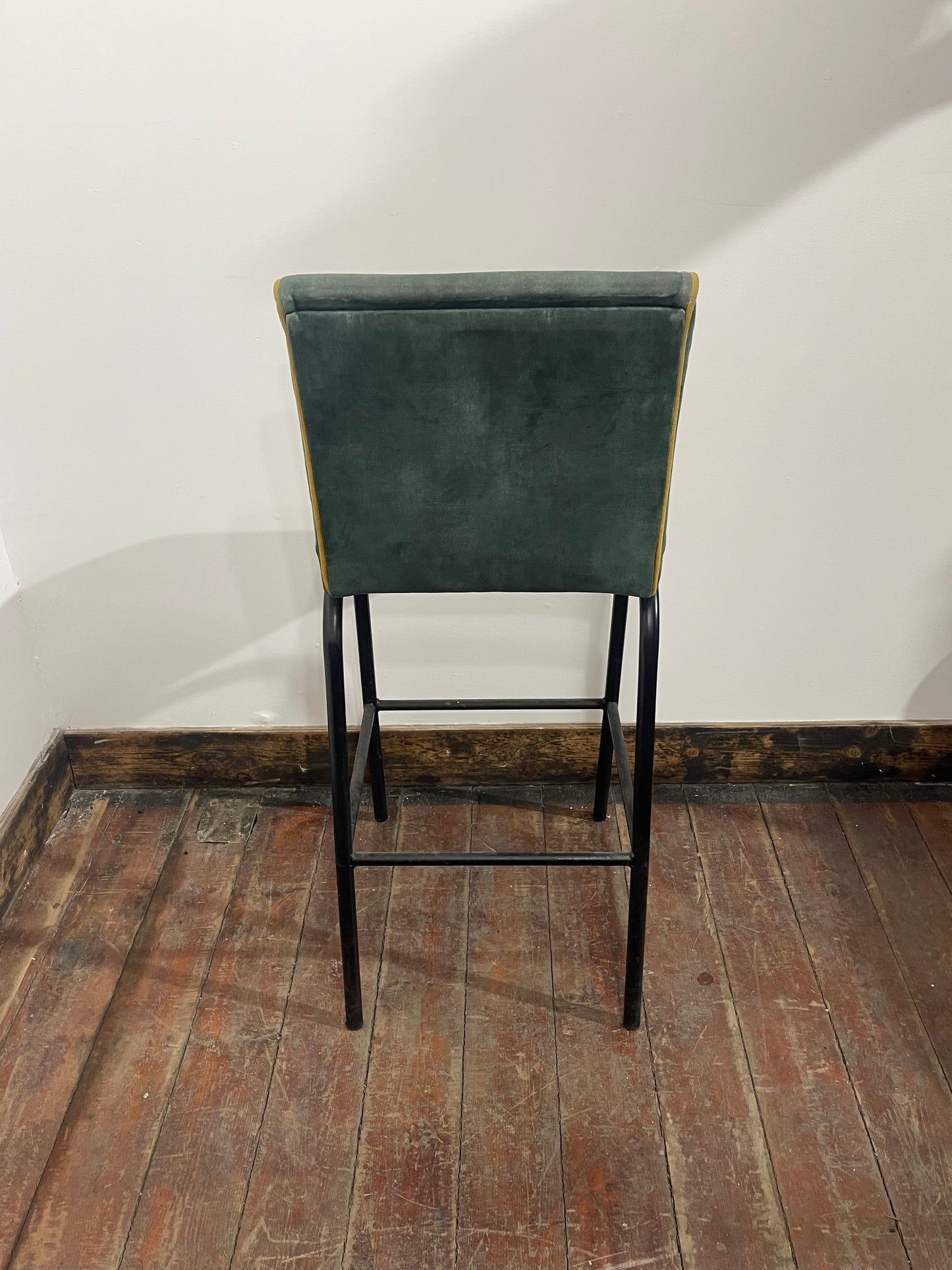 Set of 9 Green Bar Stools/Upholstered Seats/Black Metal Legs