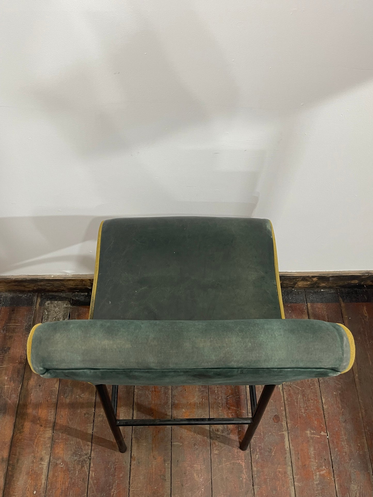 Set of 9 Green Bar Stools/Upholstered Seats/Black Metal Legs