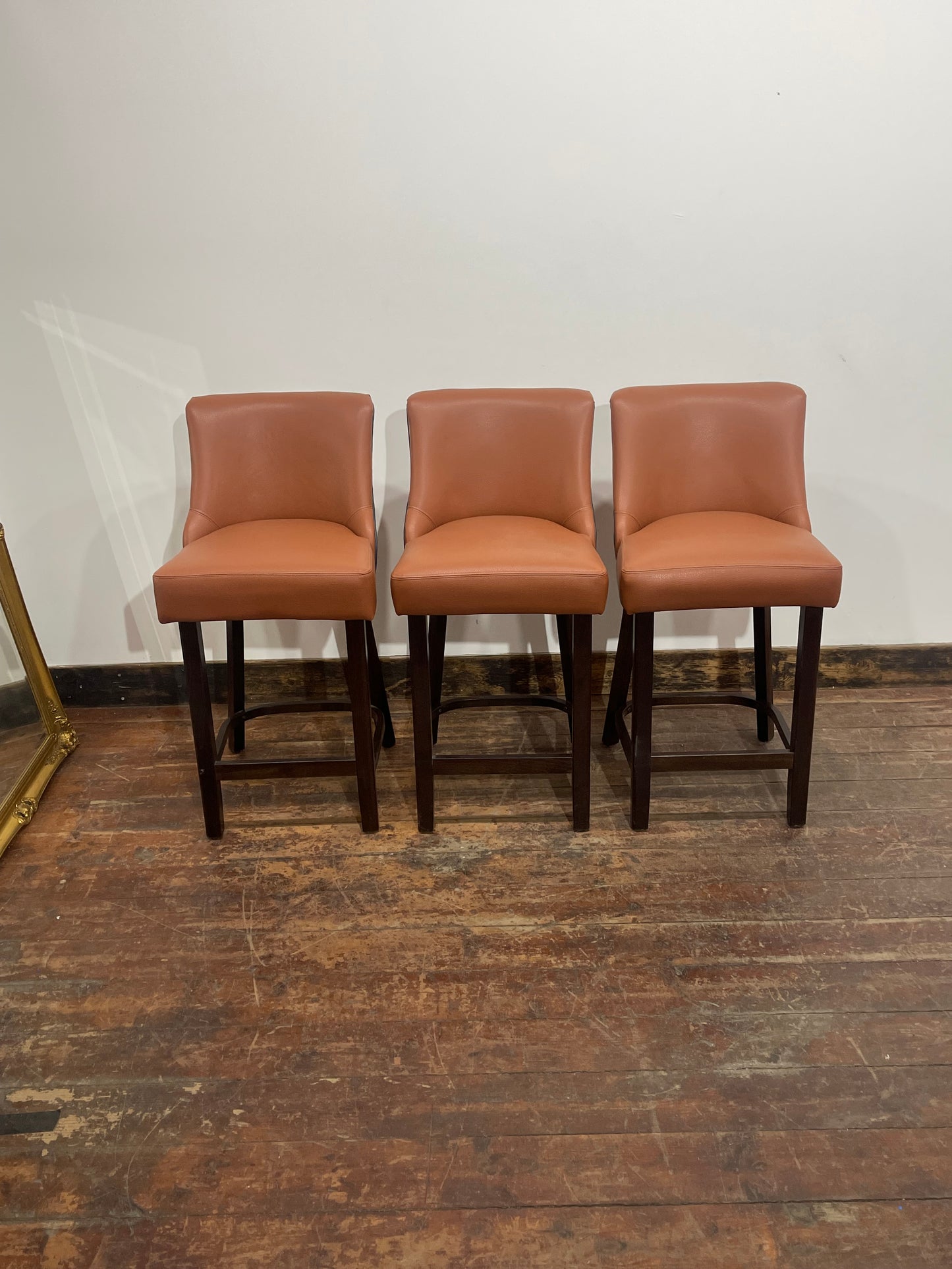 Set of 3 Tan Leather Effect Bar Stools – Dark Wood Frames