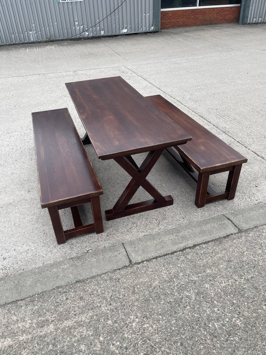 Solid Wood Dining Table & 2 Benches Rustic Wooden Kitchen Garden Pub Restaurant