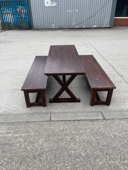 Solid Wood Dining Table & 2 Benches Rustic Wooden Kitchen Garden Pub Restaurant