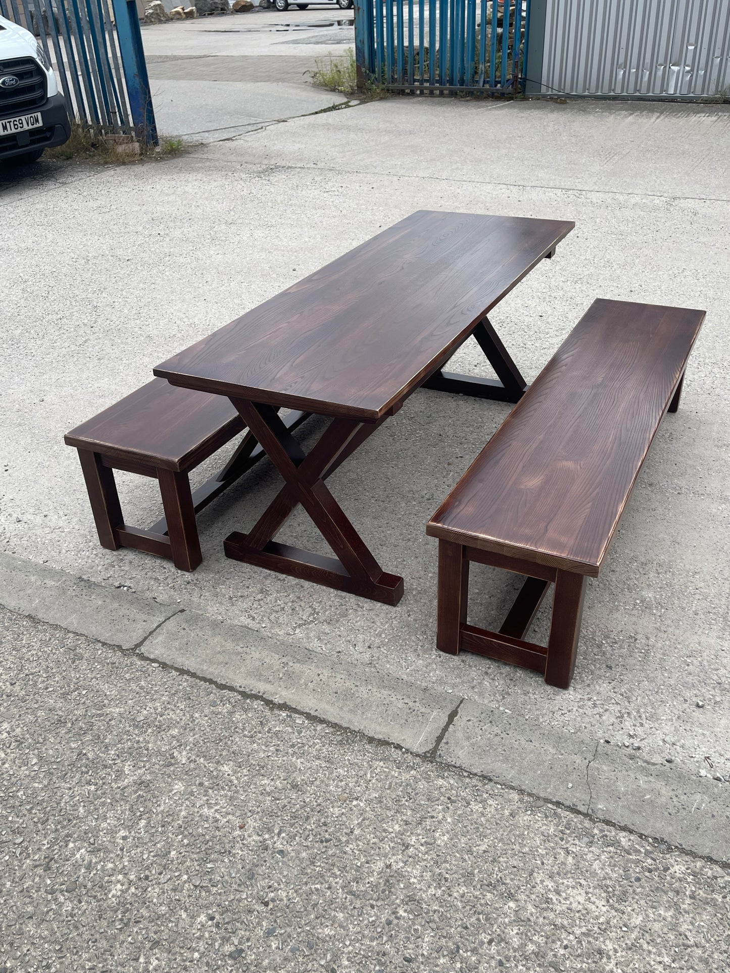 Solid Wood Dining Table & 2 Benches Rustic Wooden Kitchen Garden Pub Restaurant