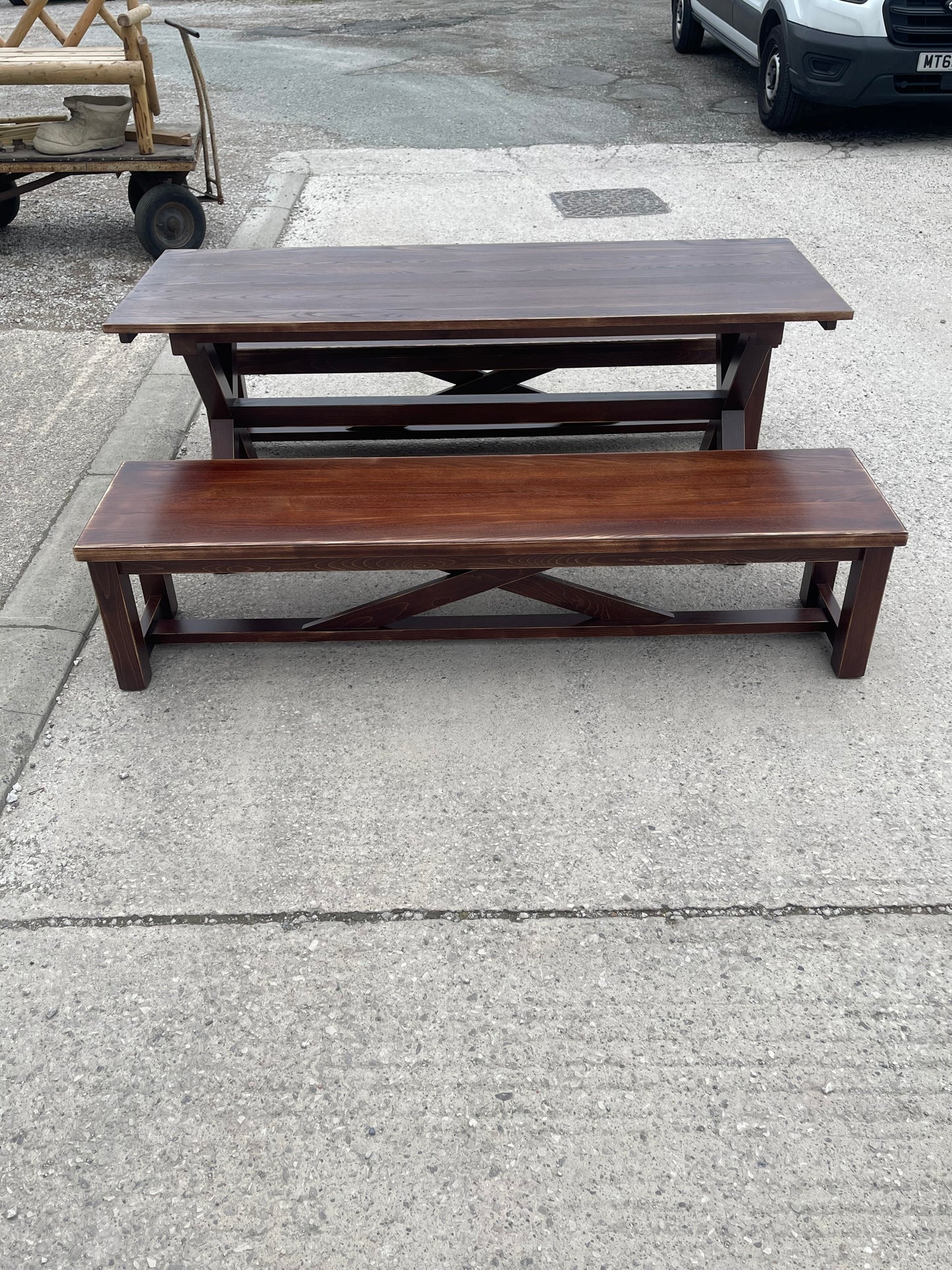 Solid Wood Dining Table & 2 Benches Rustic Wooden Kitchen Garden Pub Restaurant
