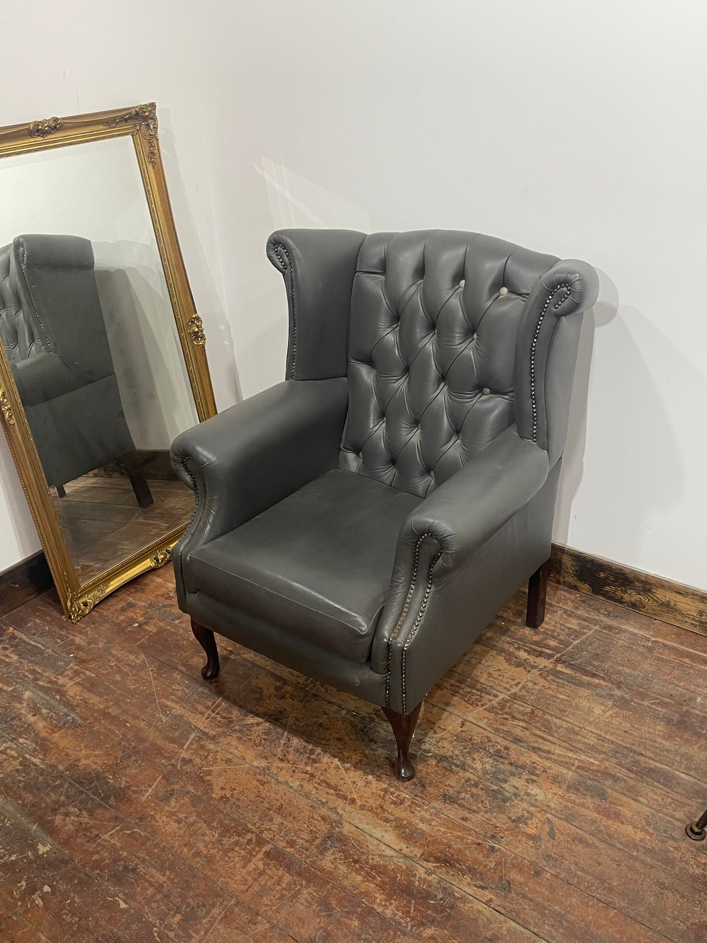 Chesterfield Wingback Armchair Dark Grey Real Leather Button Back Chair