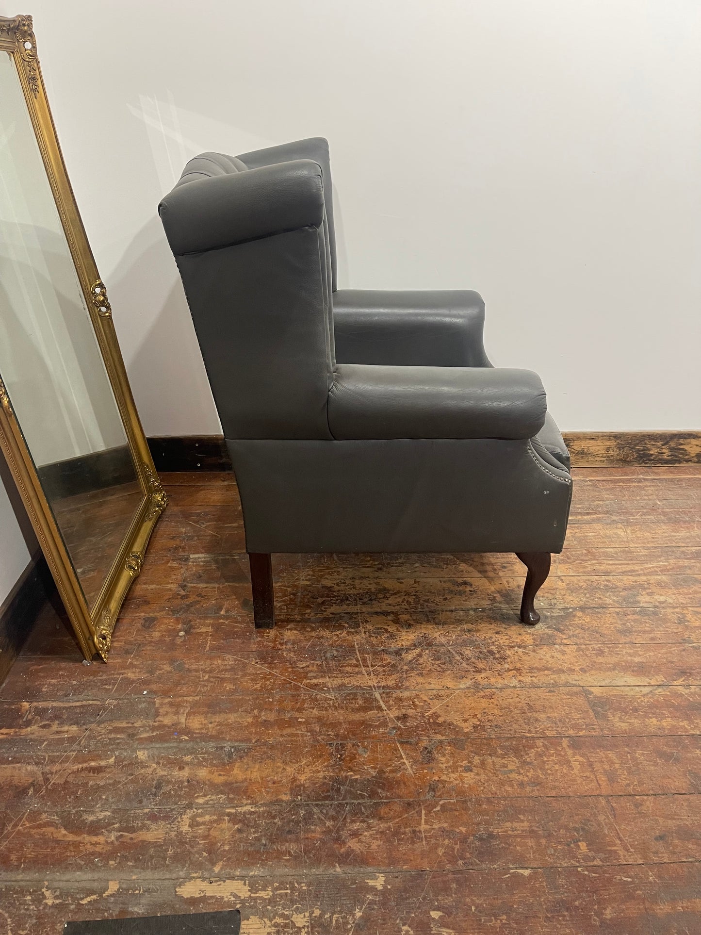 Chesterfield Wingback Armchair Dark Grey Real Leather Button Back Chair