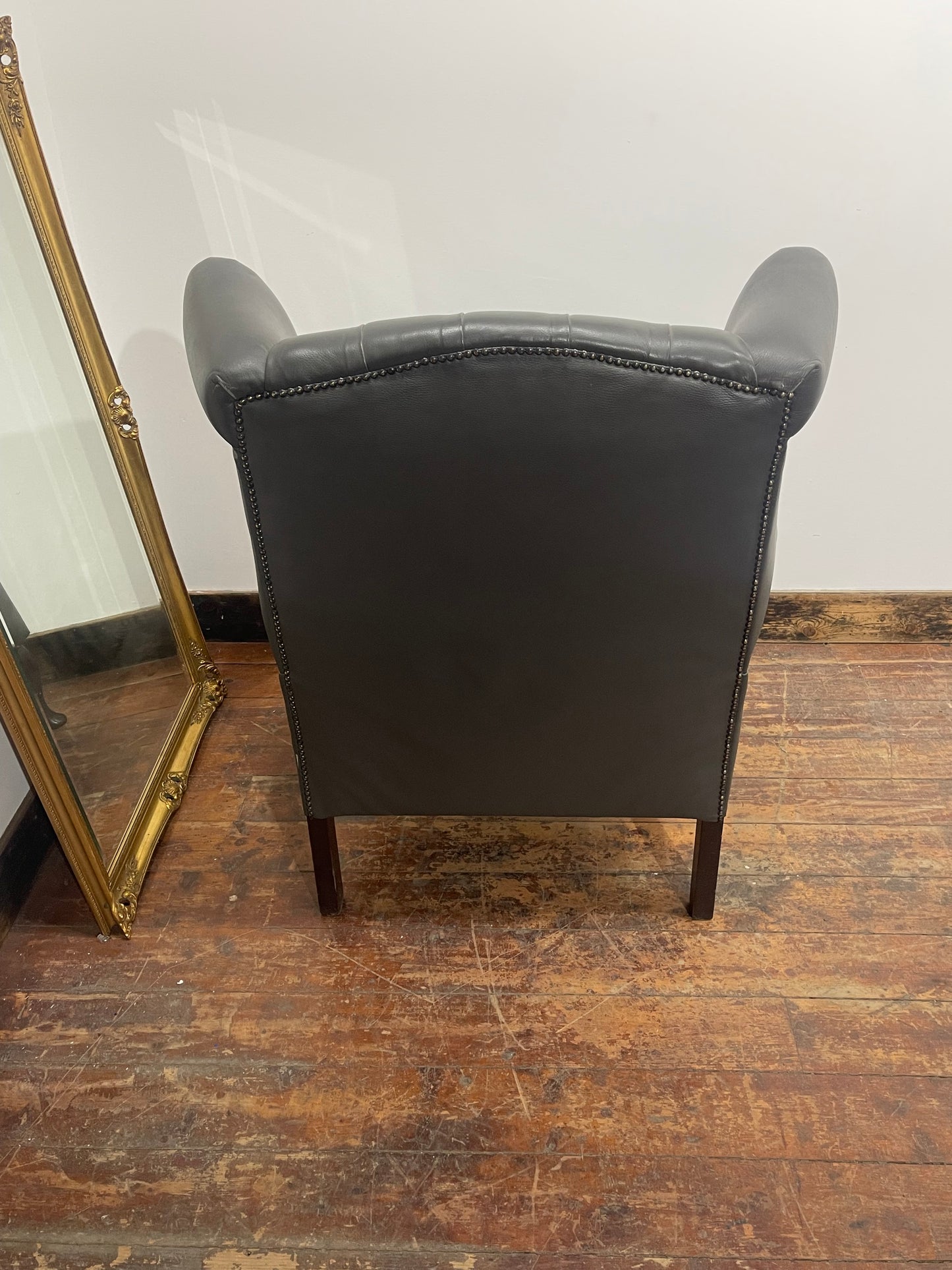 Chesterfield Wingback Armchair Dark Grey Real Leather Button Back Chair