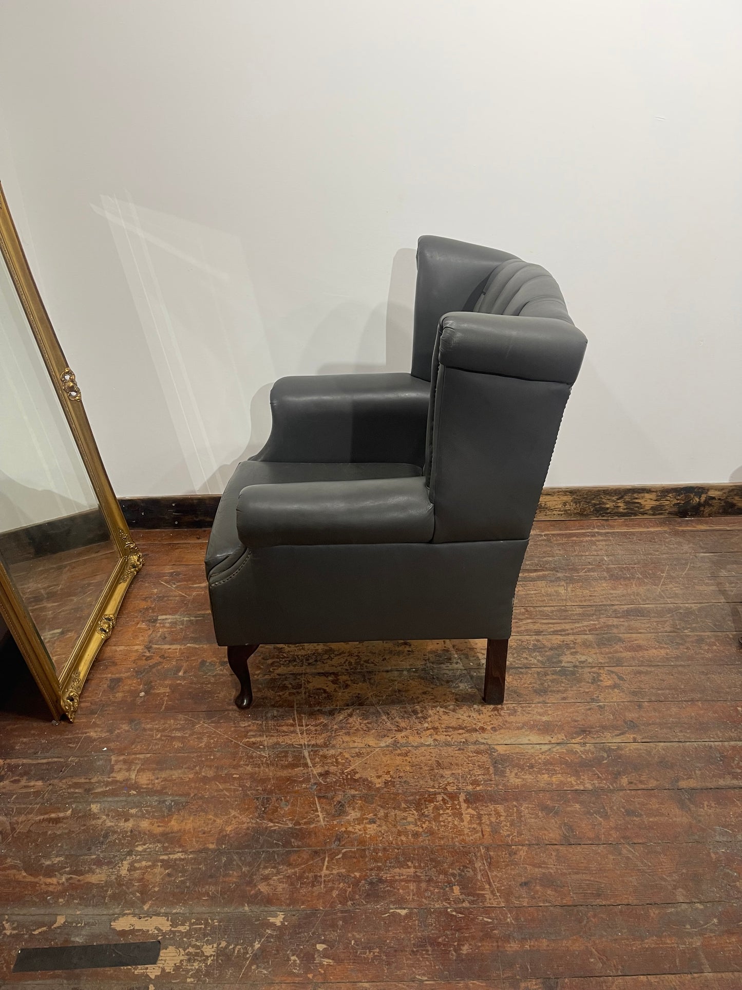 Chesterfield Wingback Armchair Dark Grey Real Leather Button Back Chair