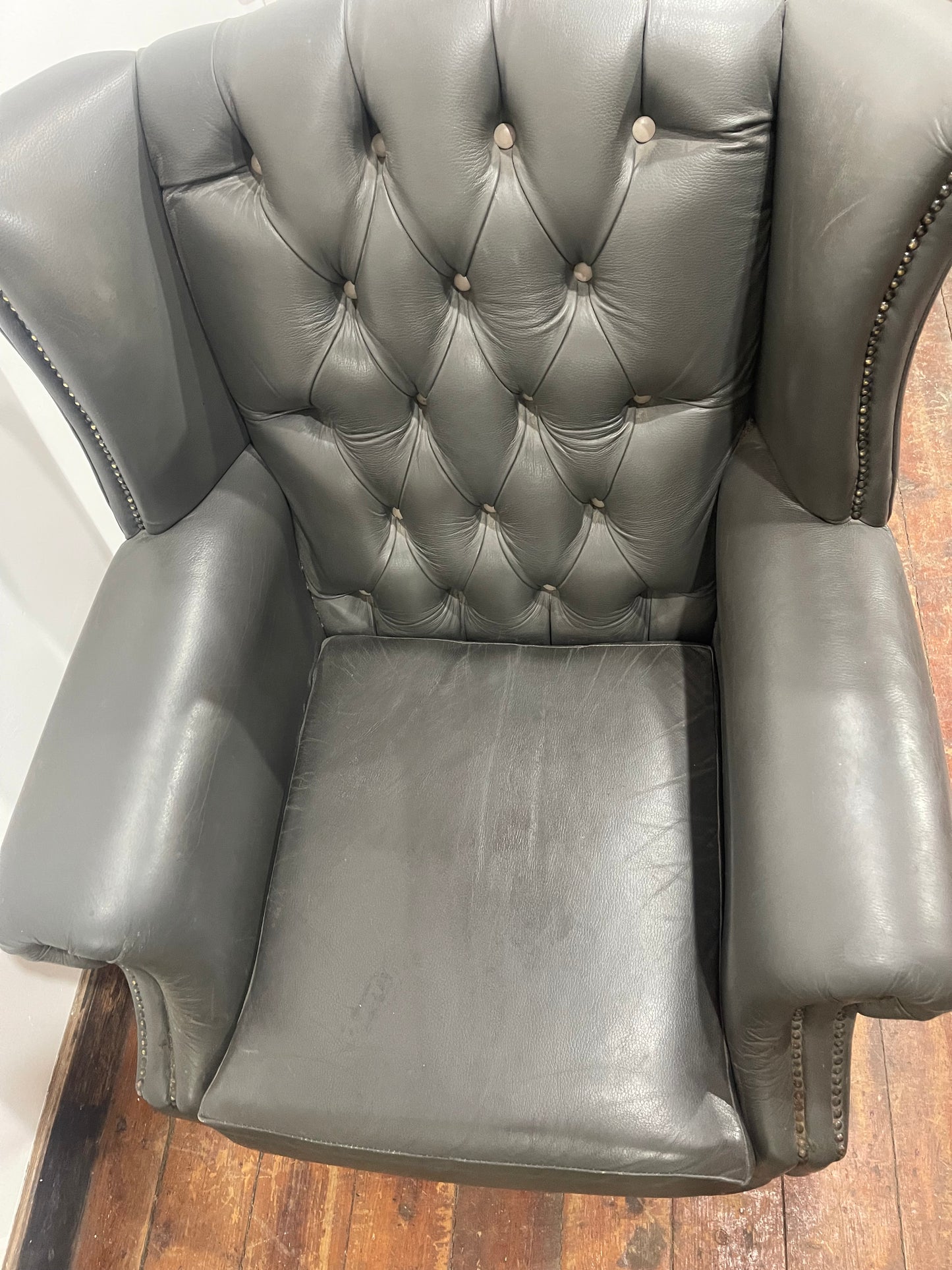 Chesterfield Wingback Armchair Dark Grey Real Leather Button Back Chair