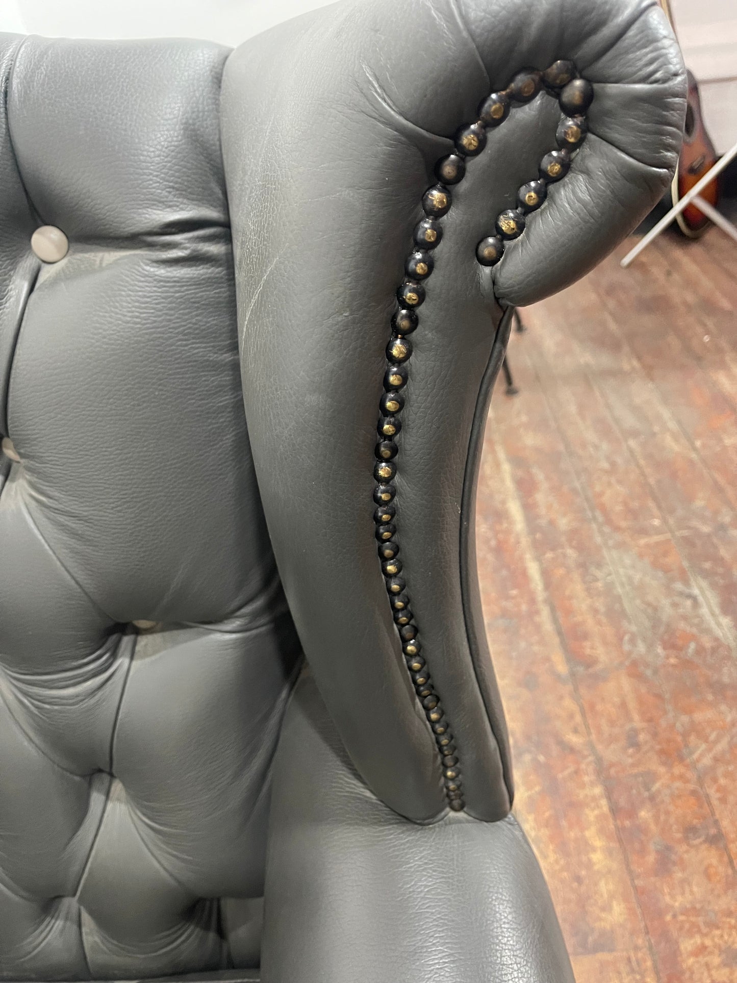 Chesterfield Wingback Armchair Dark Grey Real Leather Button Back Chair