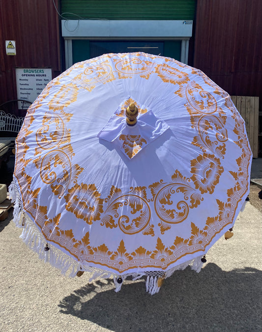 Handmade Bali Sun Parasol / White and Gold (Base not included)