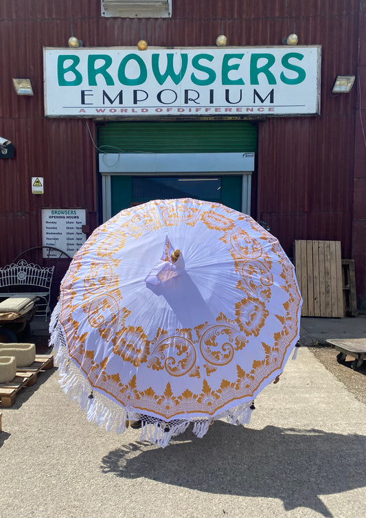 Handmade Bali Sun Parasol / White and Gold (Base not included)