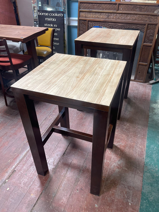 Pair of Matching High Poseur Tables – Sanded Wooden Tops & Contrasting Dark Base