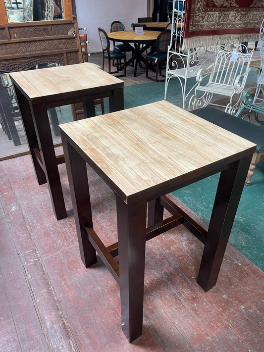 Pair of Matching High Poseur Tables – Sanded Wooden Tops & Contrasting Dark Base