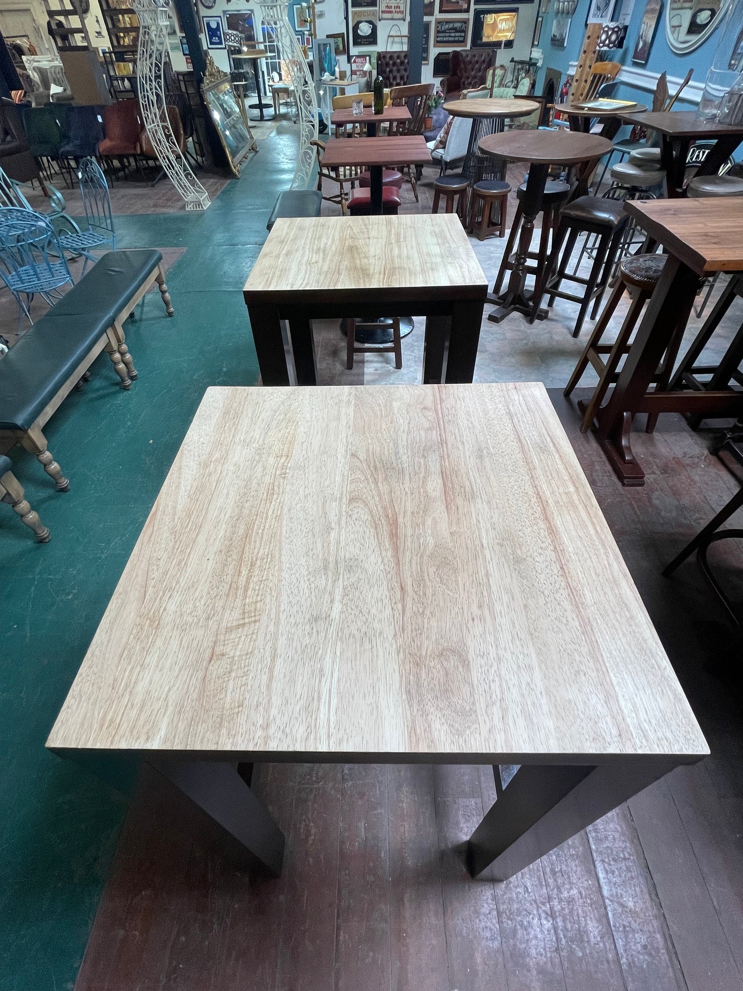 Pair of Matching High Poseur Tables – Sanded Wooden Tops & Contrasting Dark Base