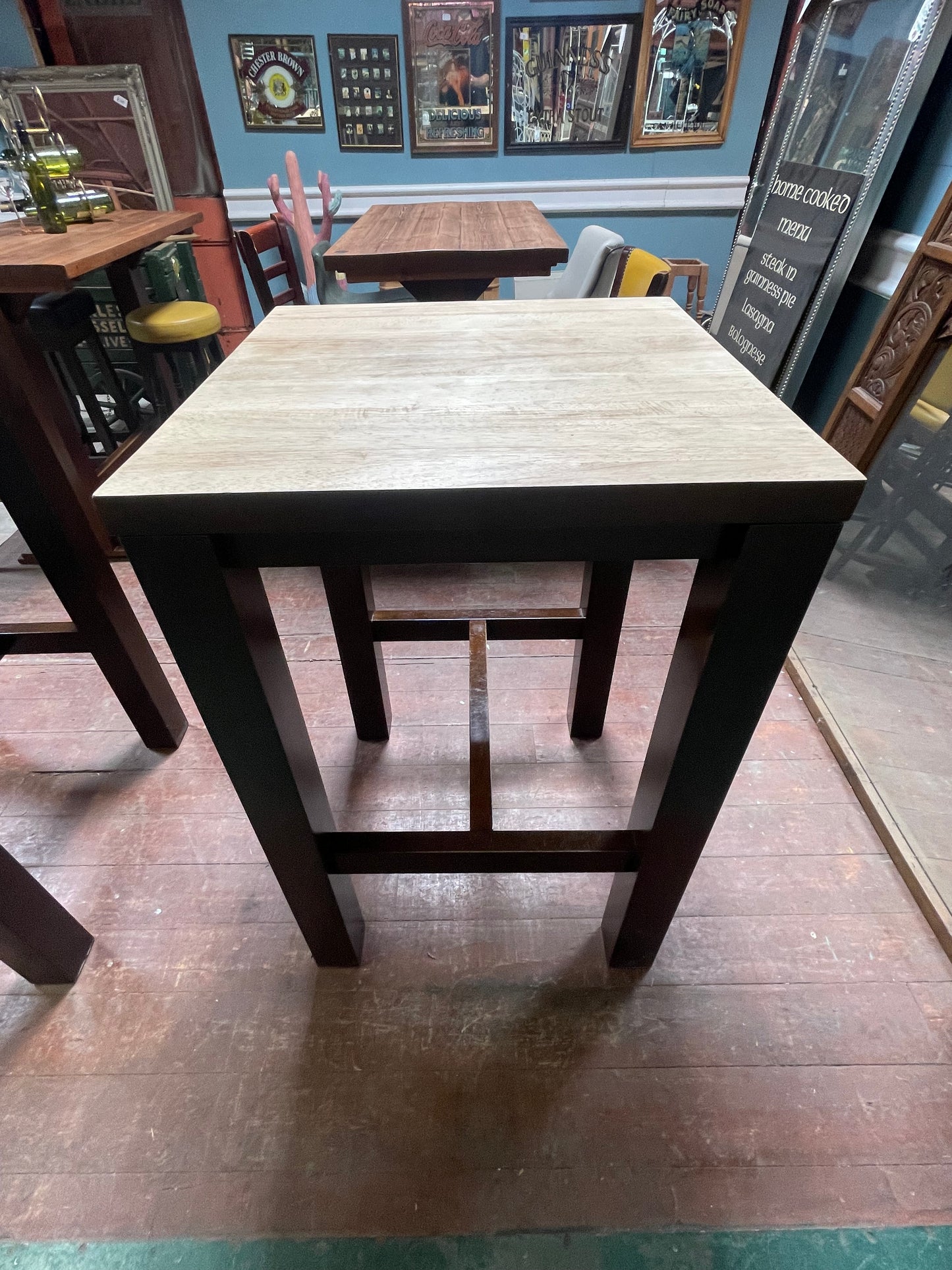 Pair of Matching High Poseur Tables – Sanded Wooden Tops & Contrasting Dark Base