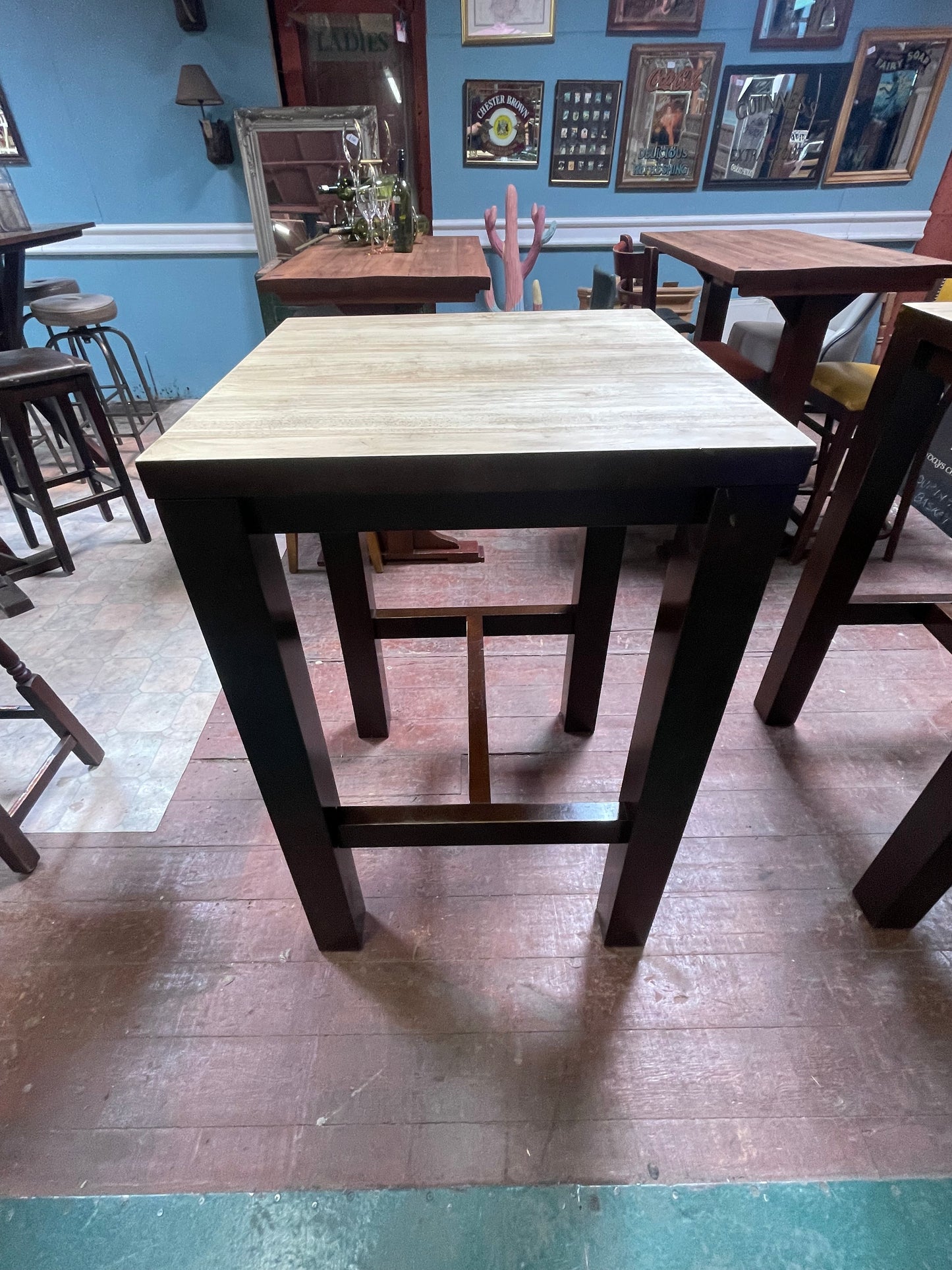 Pair of Matching High Poseur Tables – Sanded Wooden Tops & Contrasting Dark Base
