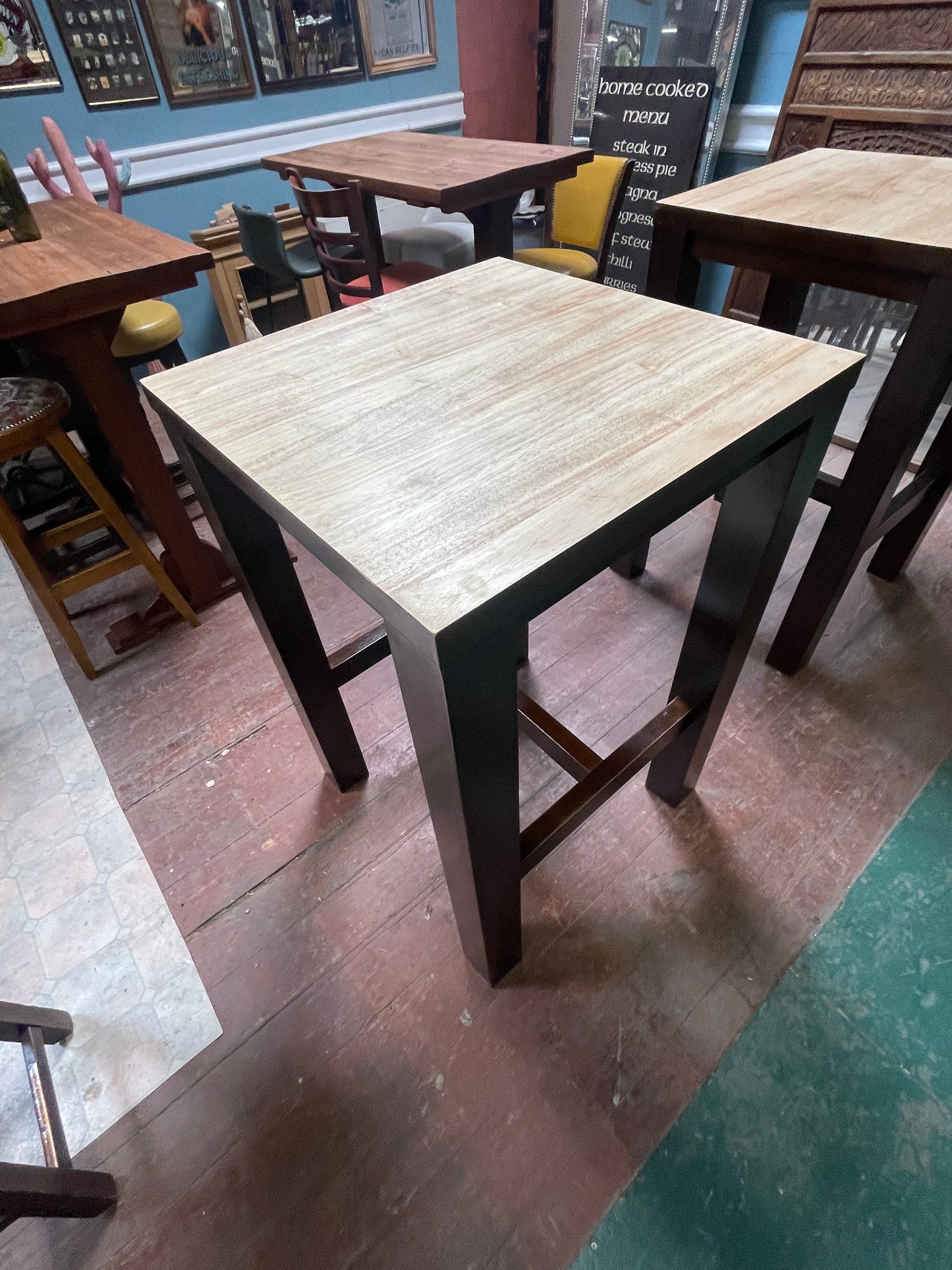 Pair of Matching High Poseur Tables – Sanded Wooden Tops & Contrasting Dark Base