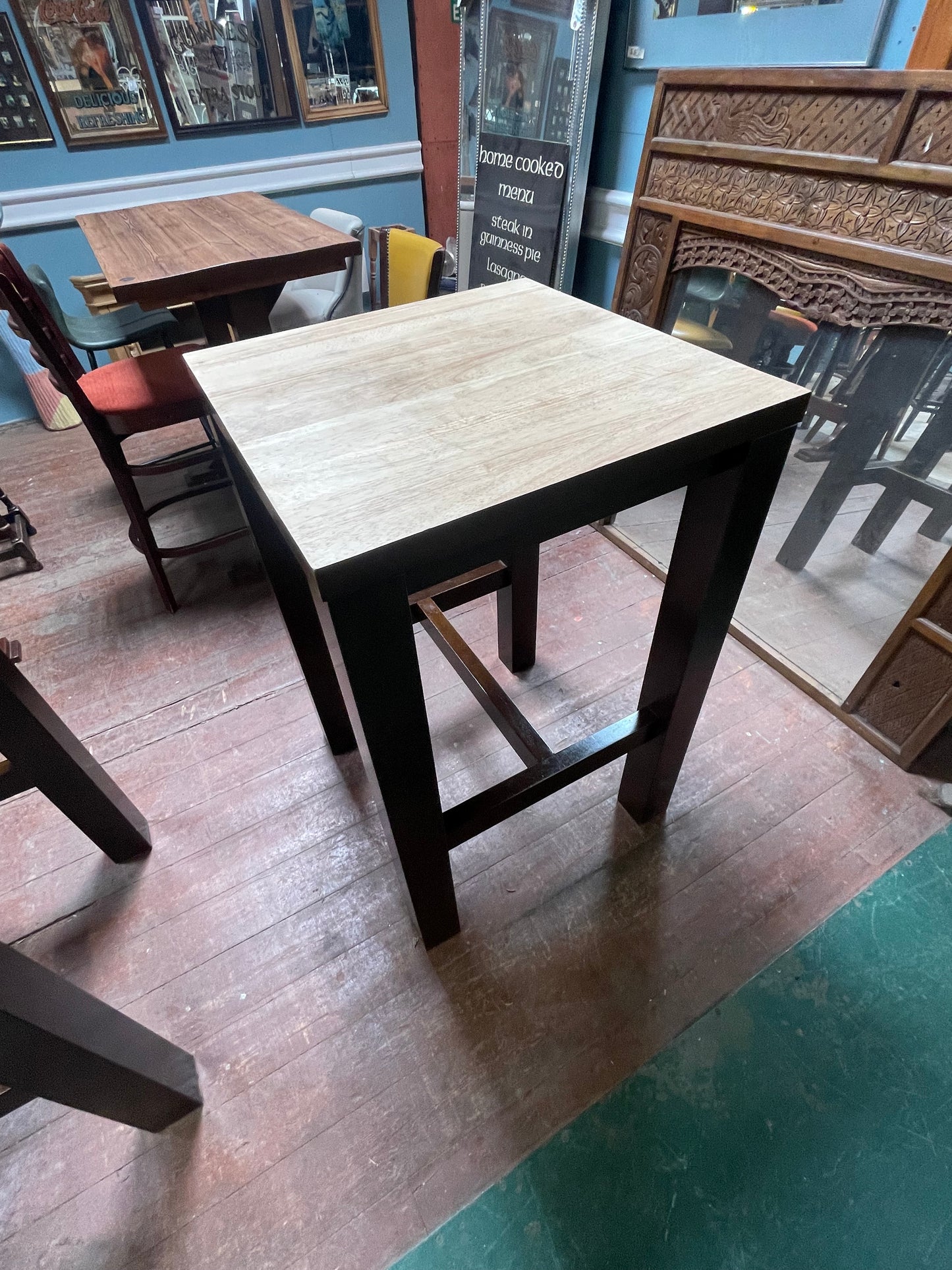 Pair of Matching High Poseur Tables – Sanded Wooden Tops & Contrasting Dark Base