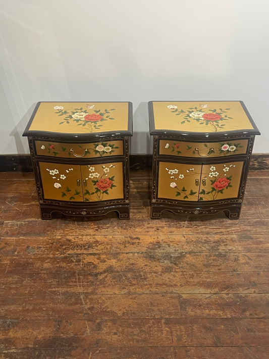 Pair of Vintage Hand Painted Oriental Bedside Cabinets / Nightstands