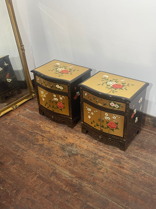 Pair of Vintage Hand Painted Oriental Bedside Cabinets / Nightstands