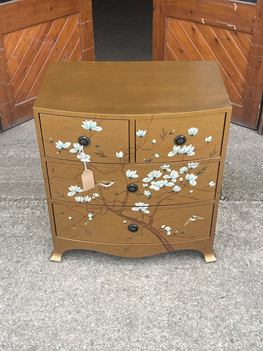 Vintage Hand-Painted Floral & Bird Chest of Drawers – 5 Drawer Oriental Style