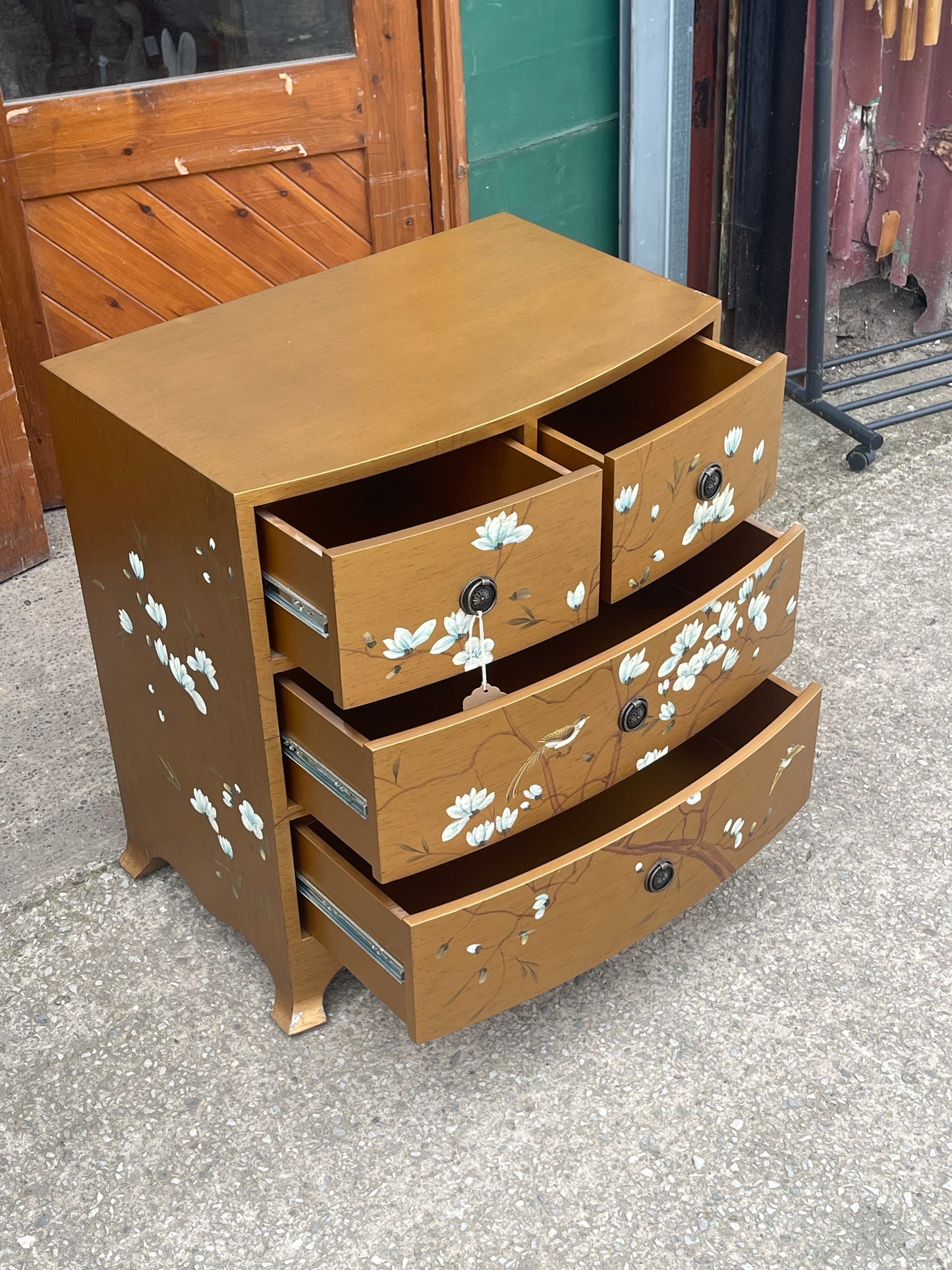 Vintage Hand-Painted Floral & Bird Chest of Drawers – 5 Drawer Oriental Style
