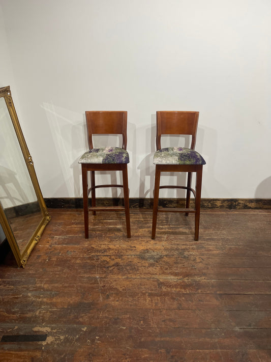 Pair of Wooden Bar Stools – Patterned Upholstered Seats