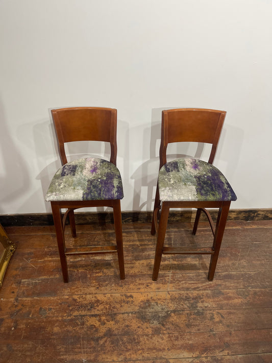 Pair of Wooden Bar Stools – Patterned Upholstered Seats