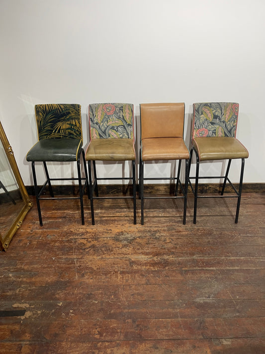 Set of 4 High Bar Stools Leather & Floral Fabric Metal Frames Pub Restaurant