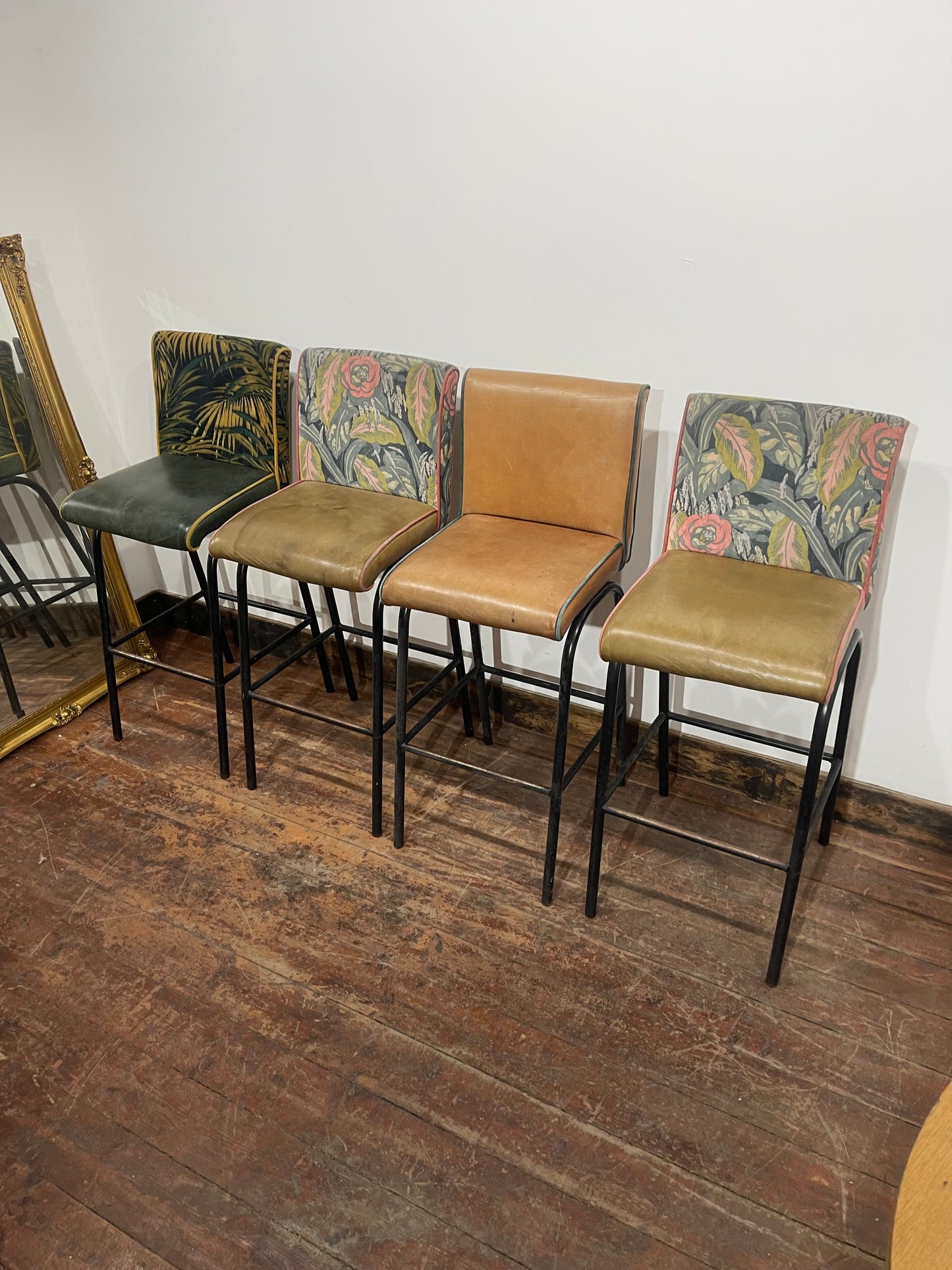 Set of 4 High Bar Stools Leather & Floral Fabric Metal Frames Pub Restaurant