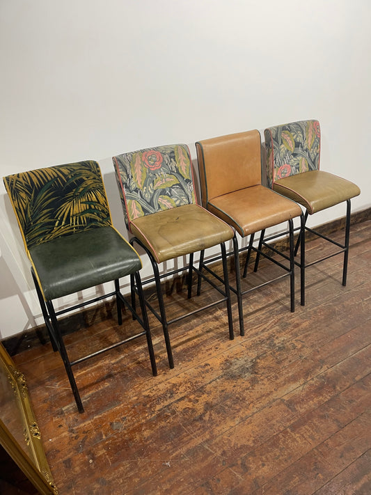 Set of 4 High Bar Stools Leather & Floral Fabric Metal Frames Pub Restaurant