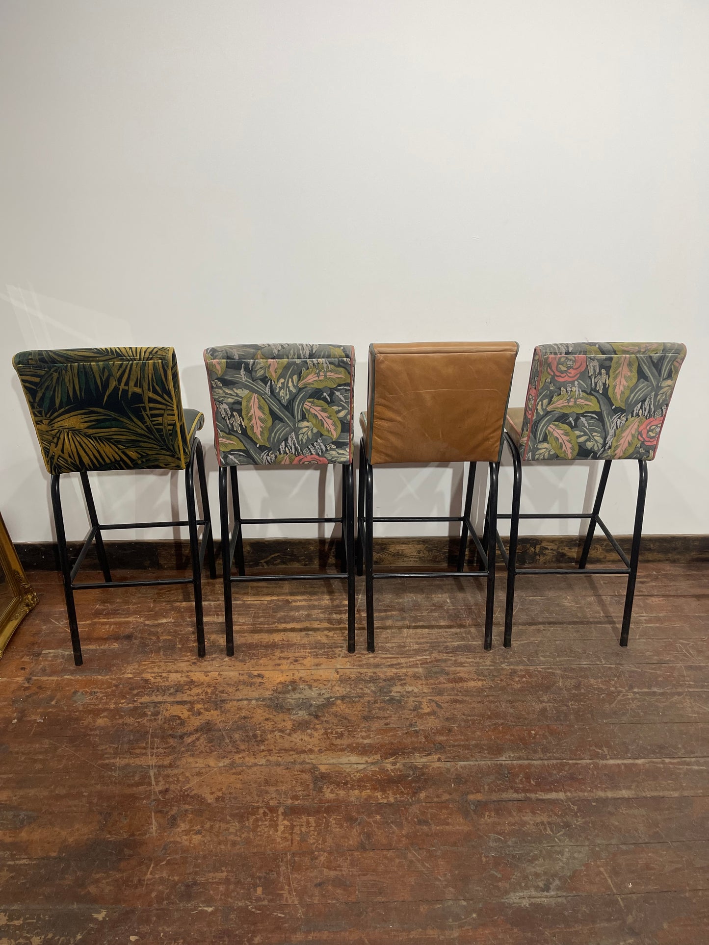 Set of 4 High Bar Stools Leather & Floral Fabric Metal Frames Pub Restaurant