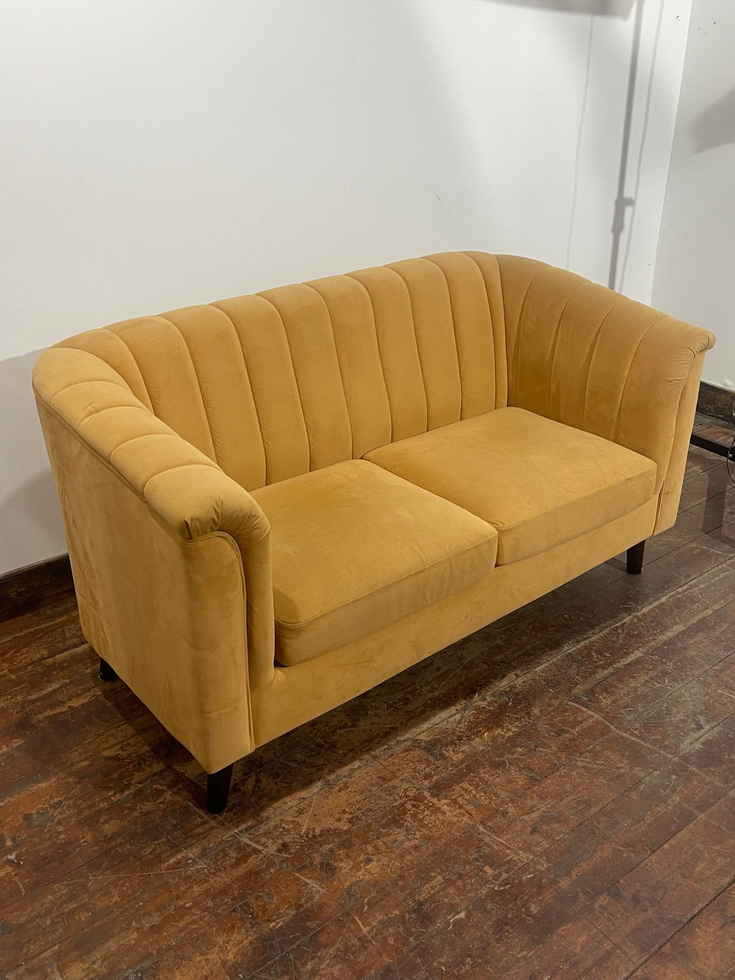 Mustard Yellow Velvet 2 Seater Sofa/Curved Channelled/Retro Style