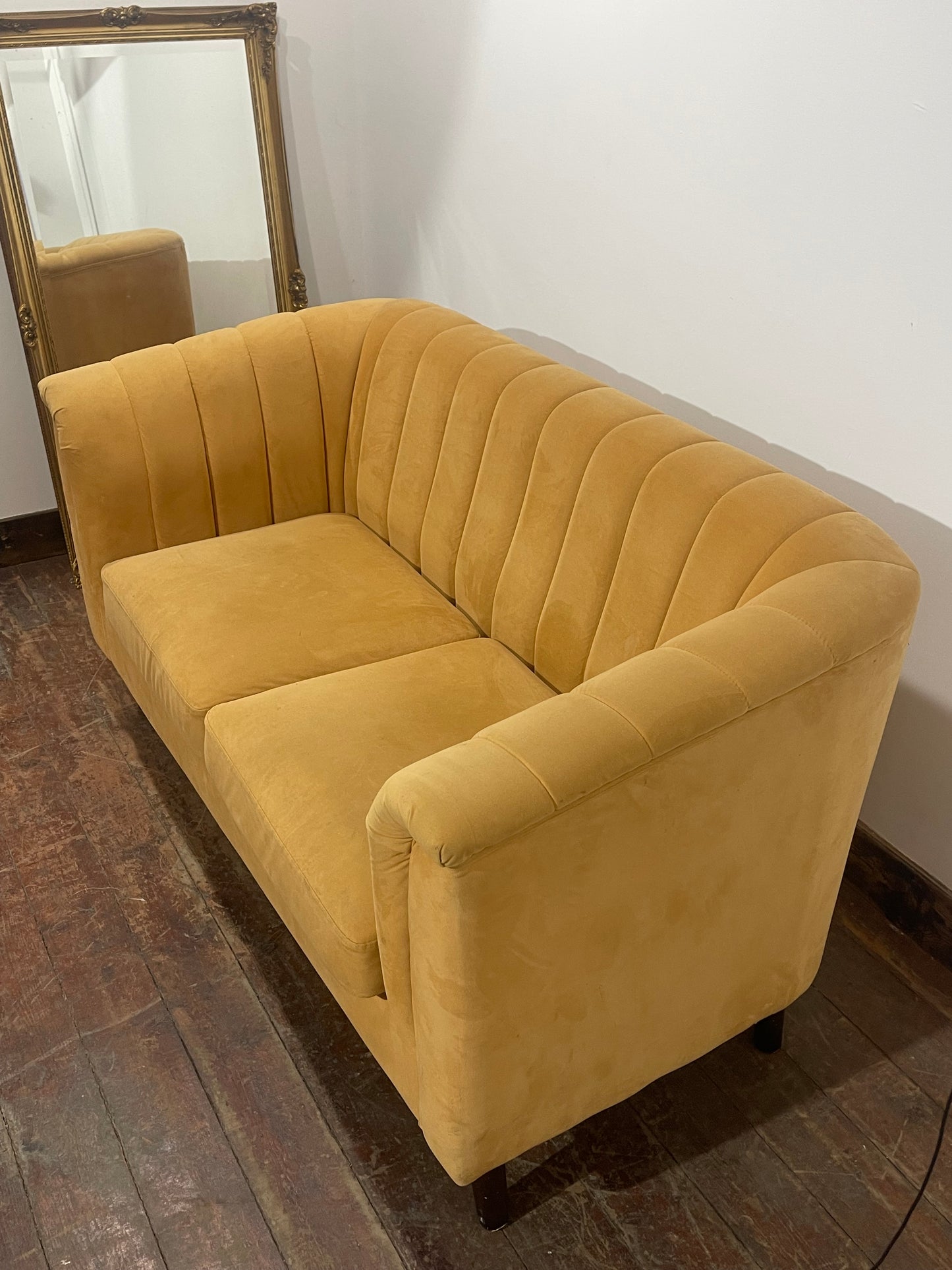 Mustard Yellow Velvet 2 Seater Sofa/Curved Channelled/Retro Style