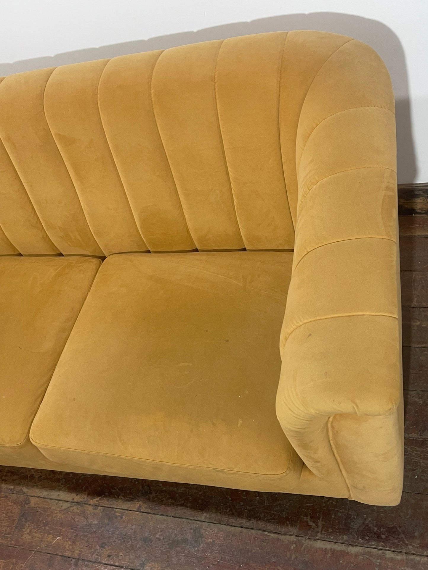 Mustard Yellow Velvet 2 Seater Sofa/Curved Channelled/Retro Style