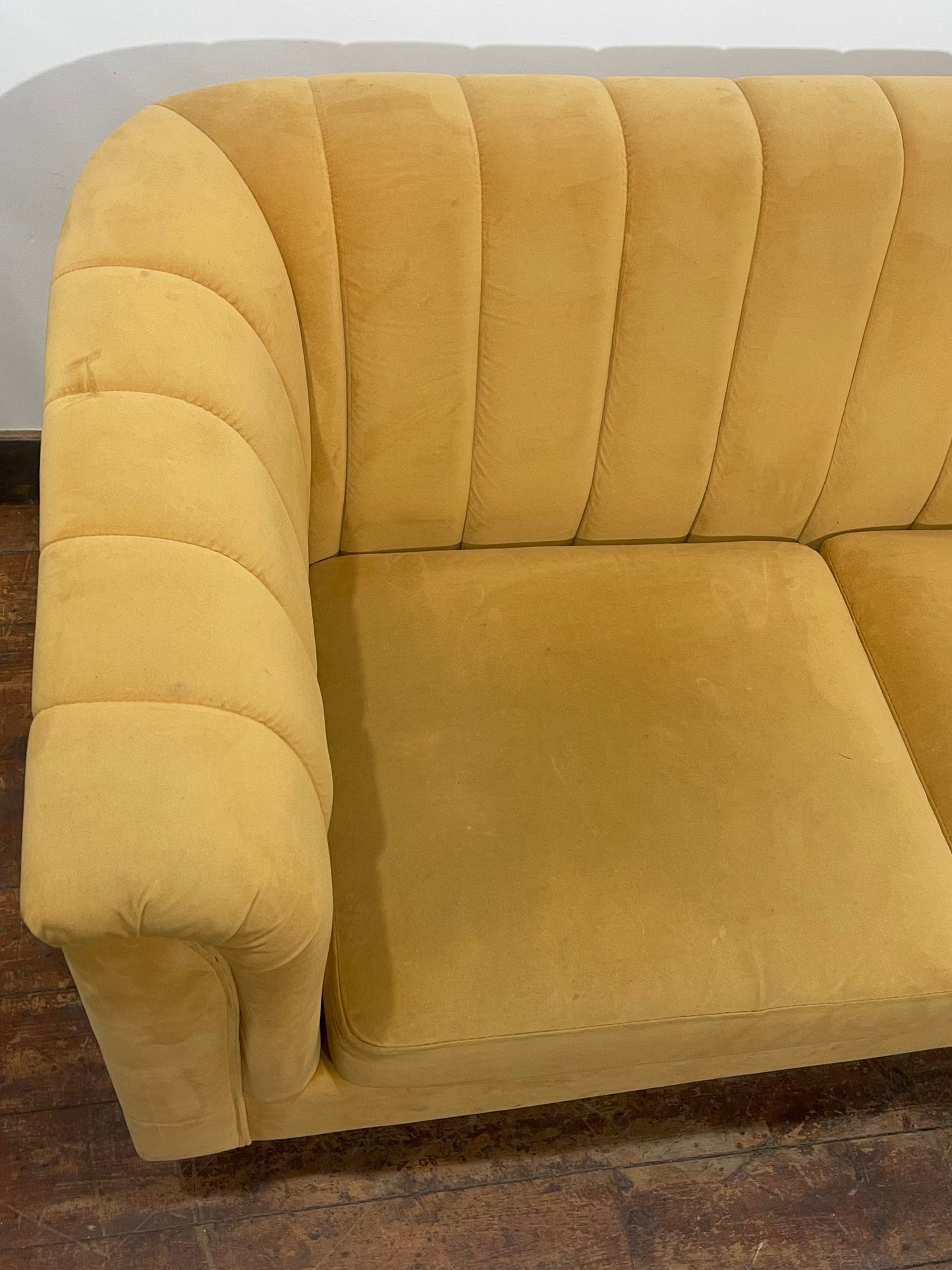 Mustard Yellow Velvet 2 Seater Sofa/Curved Channelled/Retro Style