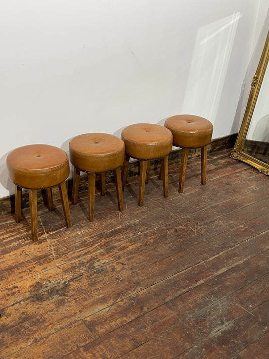 Set of 4 Genuine Leather Stools – Tan Brown Wooden Legs