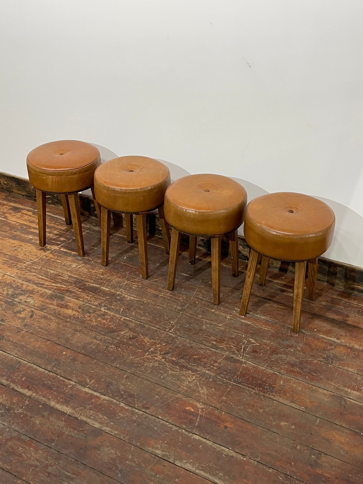 Set of 4 Genuine Leather Stools – Tan Brown Wooden Legs