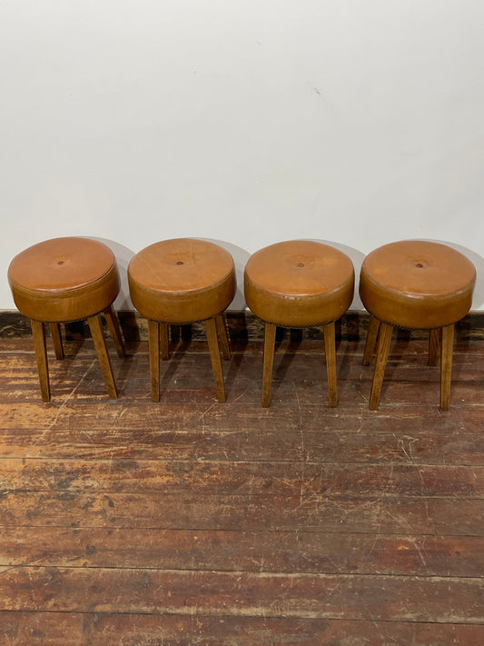 Set of 4 Genuine Leather Stools – Tan Brown Wooden Legs
