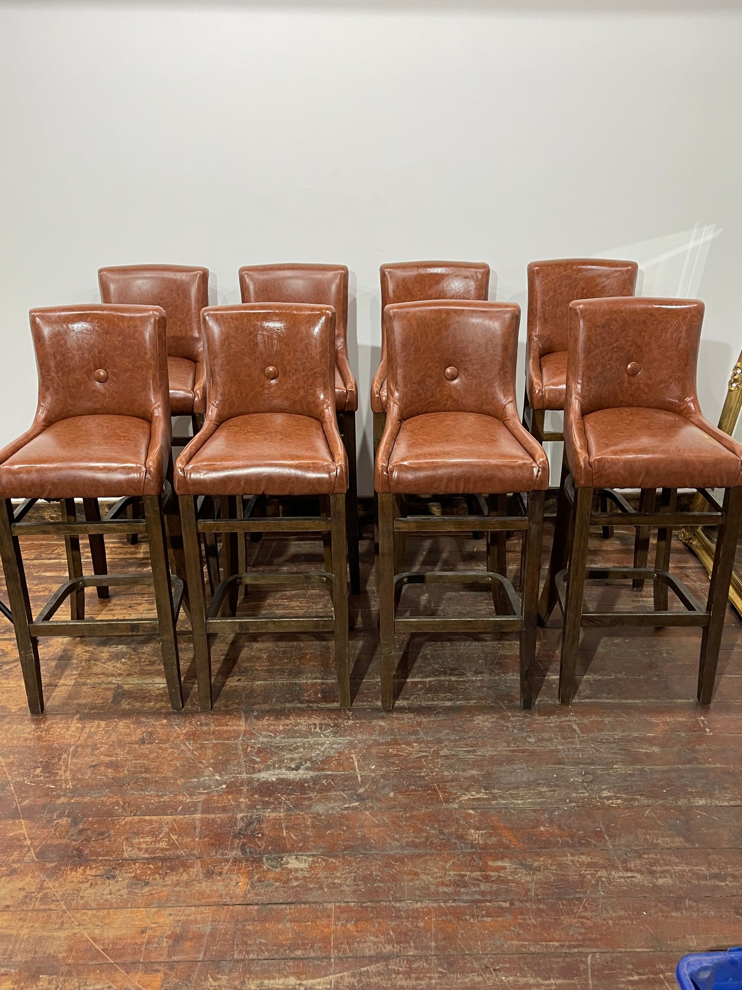 Set of 8 Classic Brown Leather Effect Bar Stools – Button Back High Stools