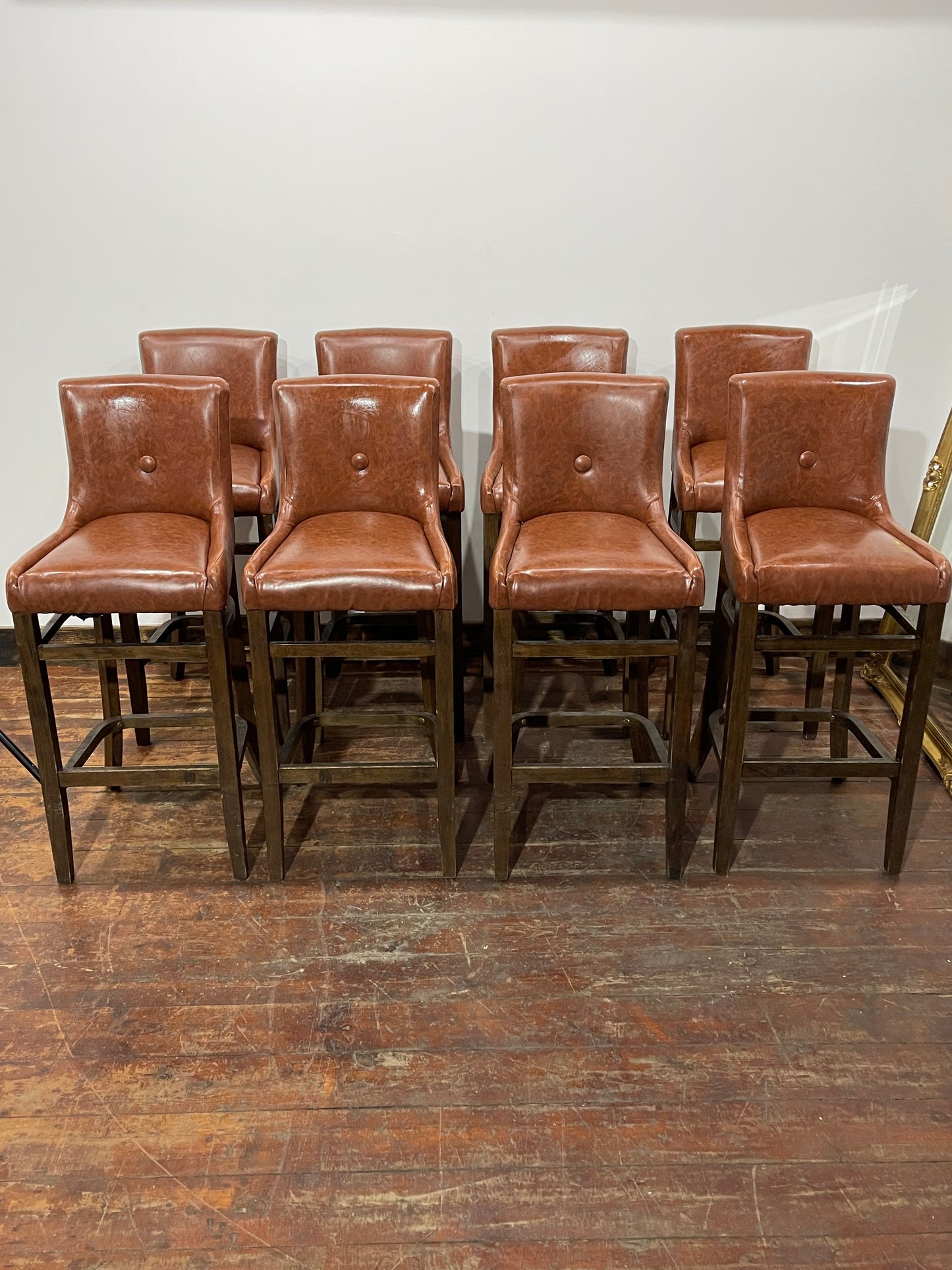 Set of 8 Classic Brown Leather Effect Bar Stools – Button Back High Stools