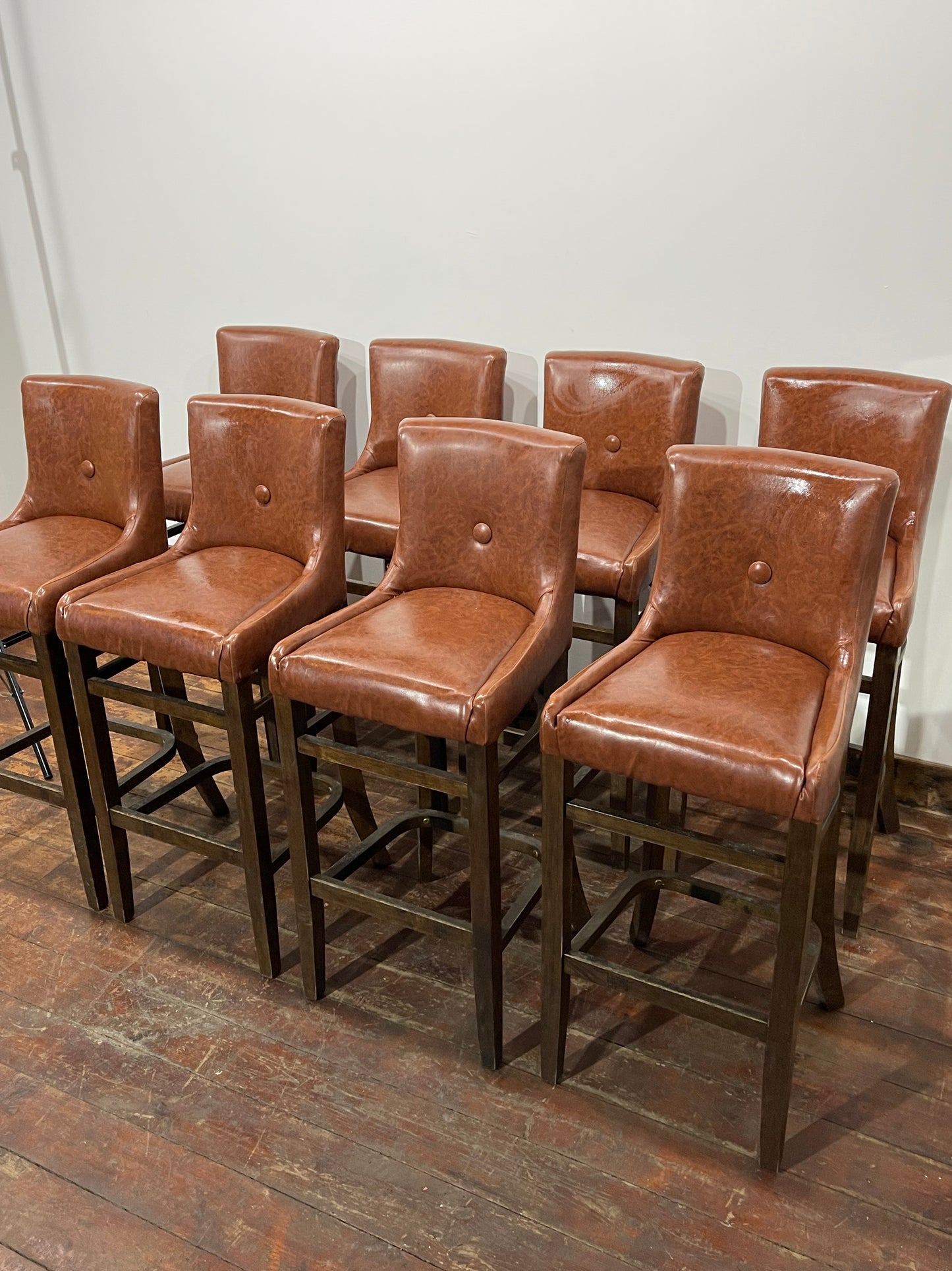 Set of 8 Classic Brown Leather Effect Bar Stools – Button Back High Stools