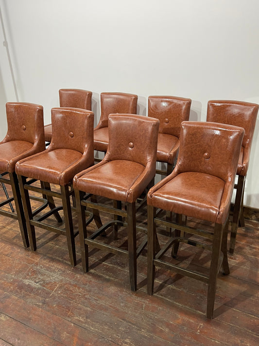 Set of 8 Classic Brown Leather Effect Bar Stools – Button Back High Stools