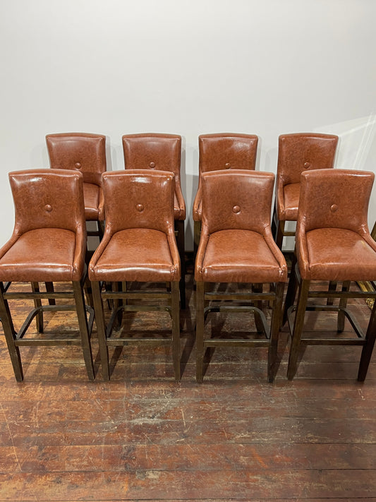 Set of 8 Classic Brown Leather Effect Bar Stools – Button Back High Stools